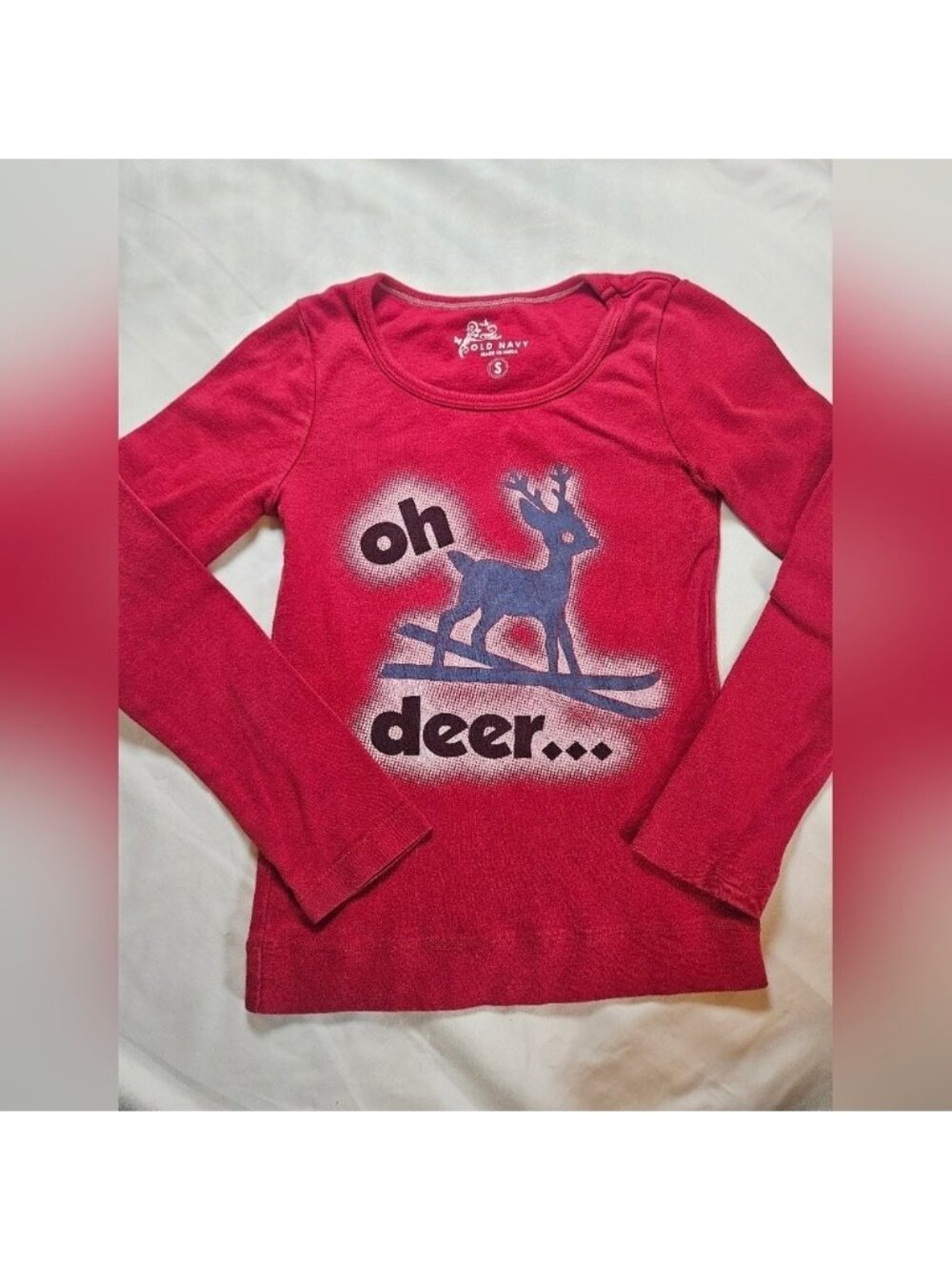 Old Navy Girls Red Long Sleeve "Oh Deer" Crewneck Pullover Top Size Small